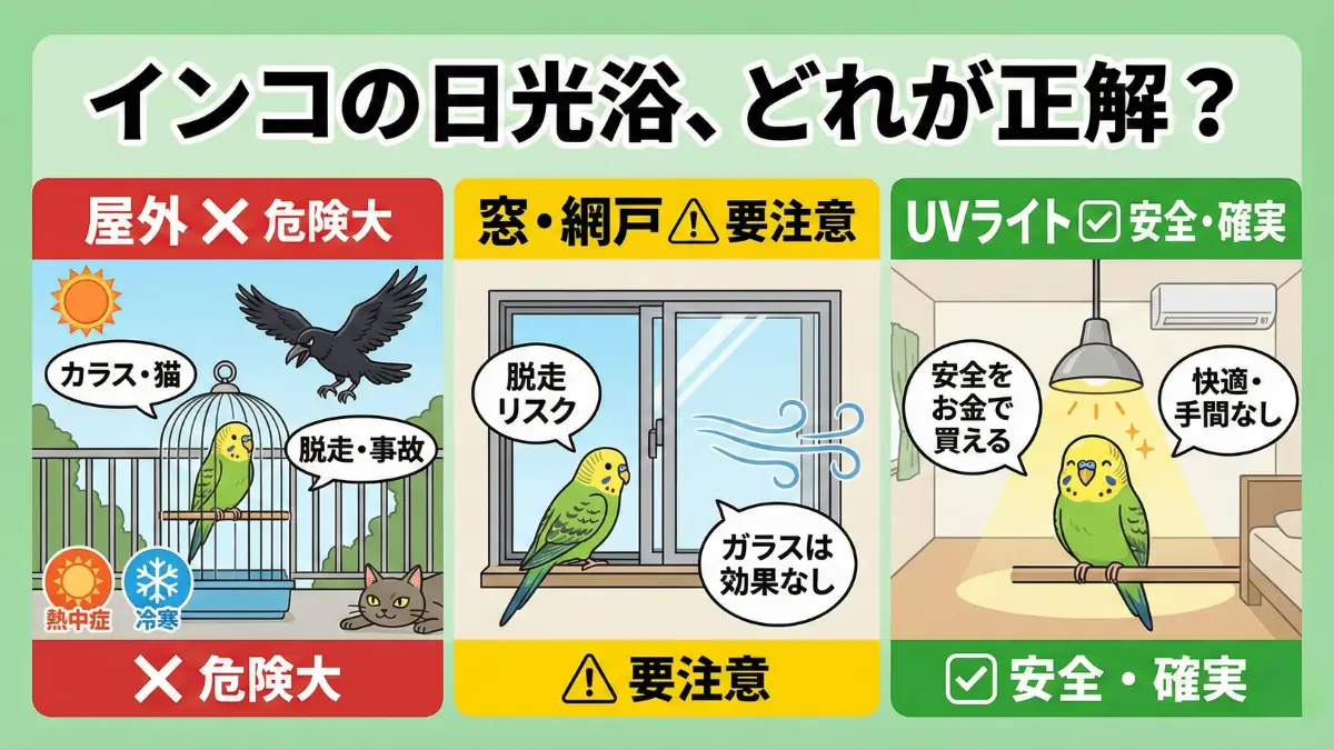 インコの日光浴方法3つ（屋外・網戸越し・UVライト）を比較した図。それぞれのメリットとデメリットを示す画像