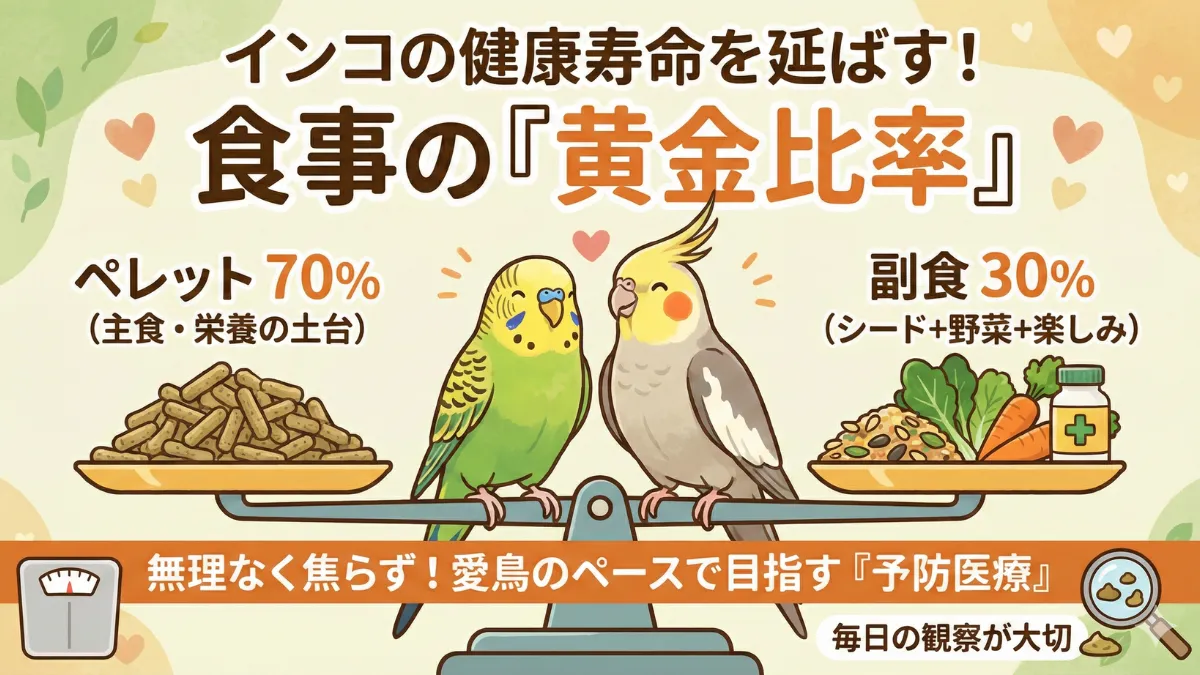 インコの健康的な食事管理をまとめた画像。ペレット70%の黄金比率で無理なく健康寿命を延ばす。