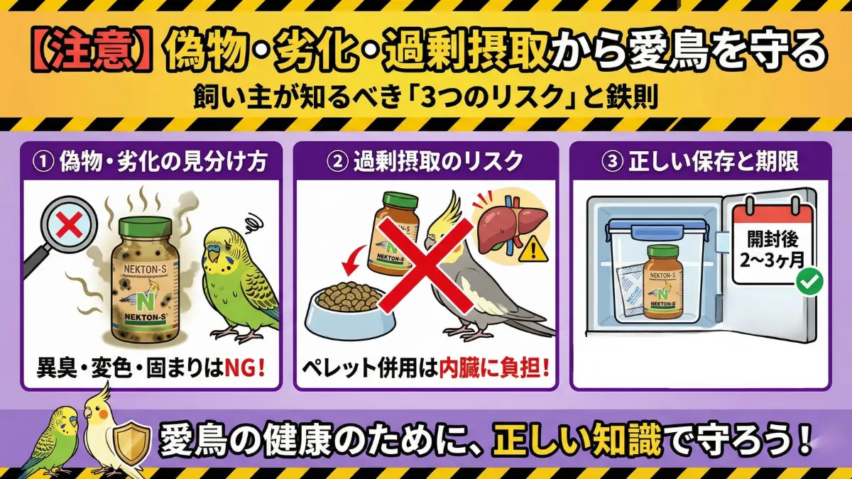 サプリメント使用時の3つの注意点。偽物の見分け方、ペレット併用リスク、保存方法を図解。