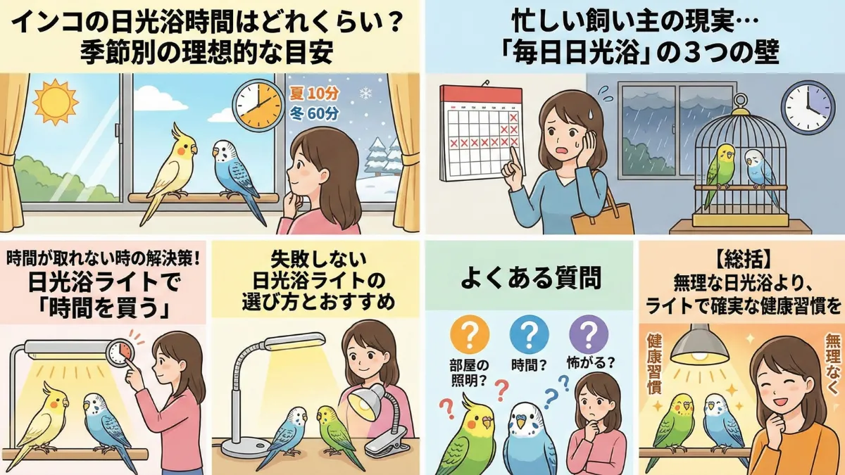 インコの日光浴時間の季節別目安を示す画像。夏は10-15分、春秋は20-30分、冬は40-60分が推奨