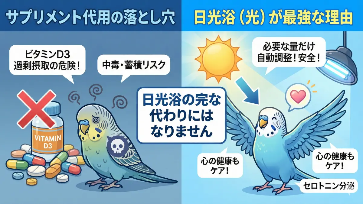 インコのビタミンD3サプリメントとUVライトの安全性を比較した画像。過剰摂取のリスクと自動調整機能の違いを図解
