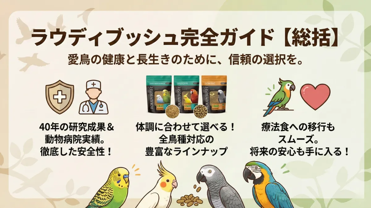 ラウディブッシュペレット全ラインナップが並んだ集合写真。デイリーメンテナンス・ブリーダー・ローファット・フォーミュラ3など各製品が一堂に会している。