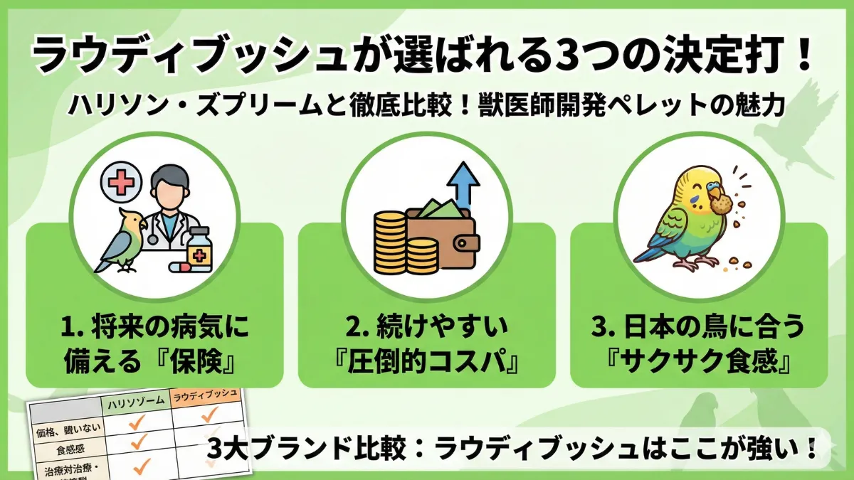 ラウディブッシュペレットのパッケージが並んだ写真。デイリーメンテナンスとブリーダーの袋が映り、粒の大きさが比較できる。