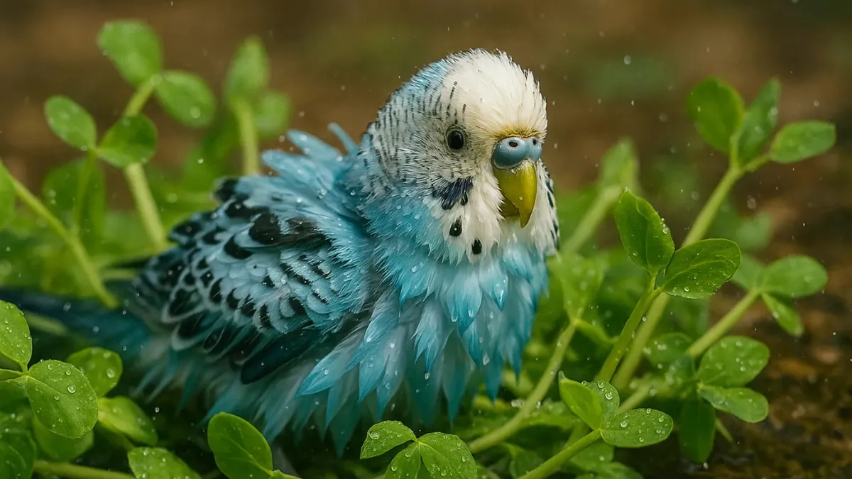インコが濡れた豆苗の束に体をこすりつける豆苗浴びの様子。野生の本能である朝露での体の清め行動を示す自然な遊び。