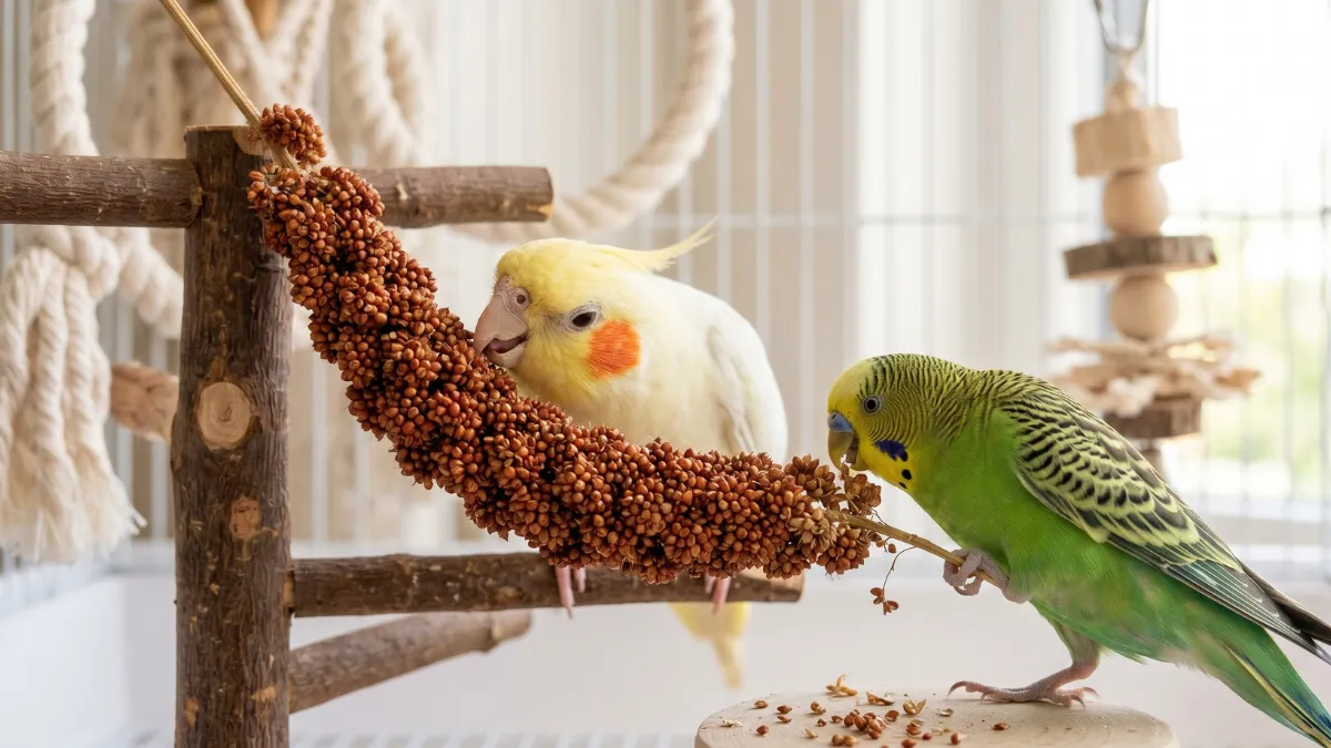 赤粟の穂を美味しそうに食べるオカメインコとセキセイインコ