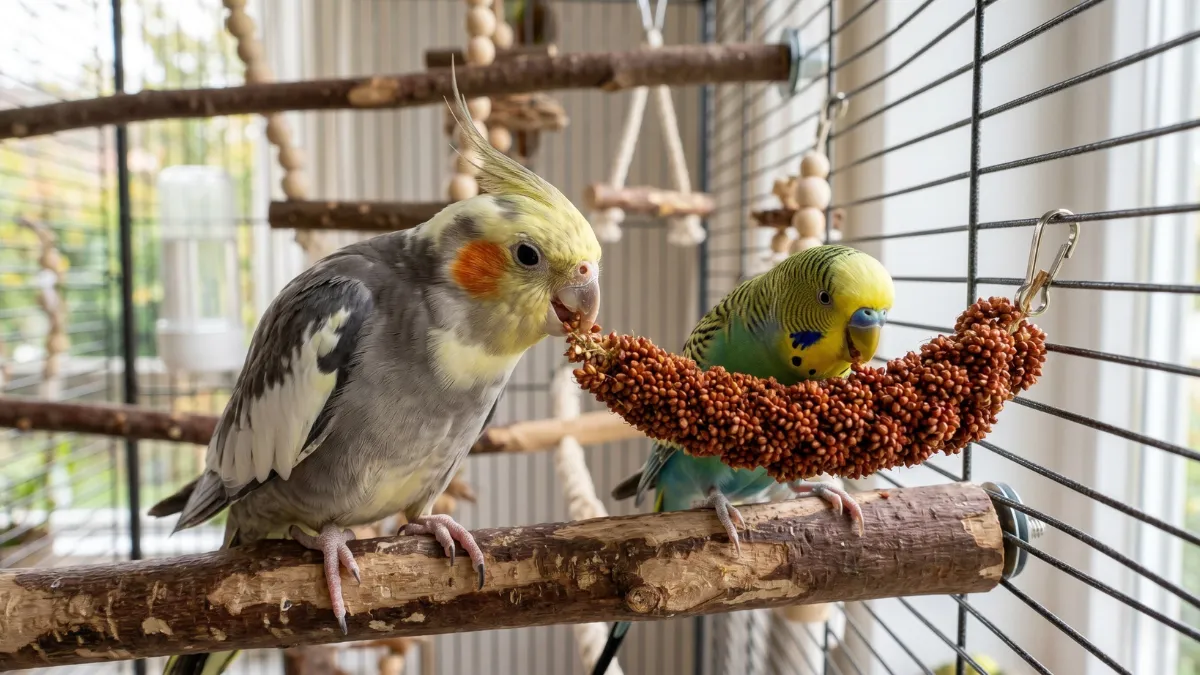 赤粟の穂を美味しそうに食べるオカメインコとセキセイインコ